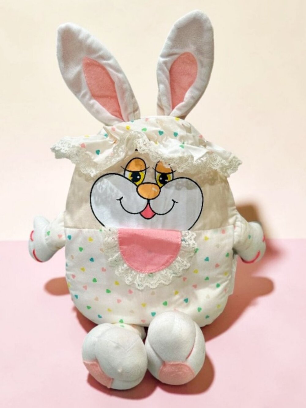 VTG 80s Interpur Bunny Rabbit Plush 21 Inch Stuffed Pillow Toy Bib Hat Hearts